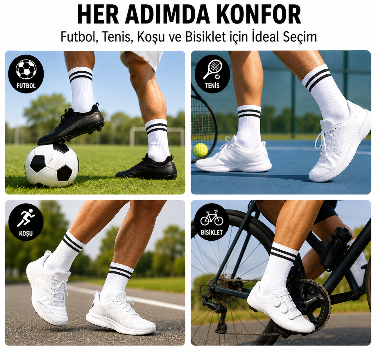 Unisex 12 Çift Pamuklu Beyaz Tenis Model Spor Çorabı