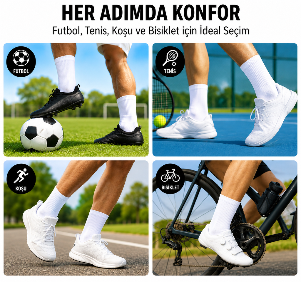Unisex 12 Çift Pamuklu Beyaz Tenis Model Spor Çorabı