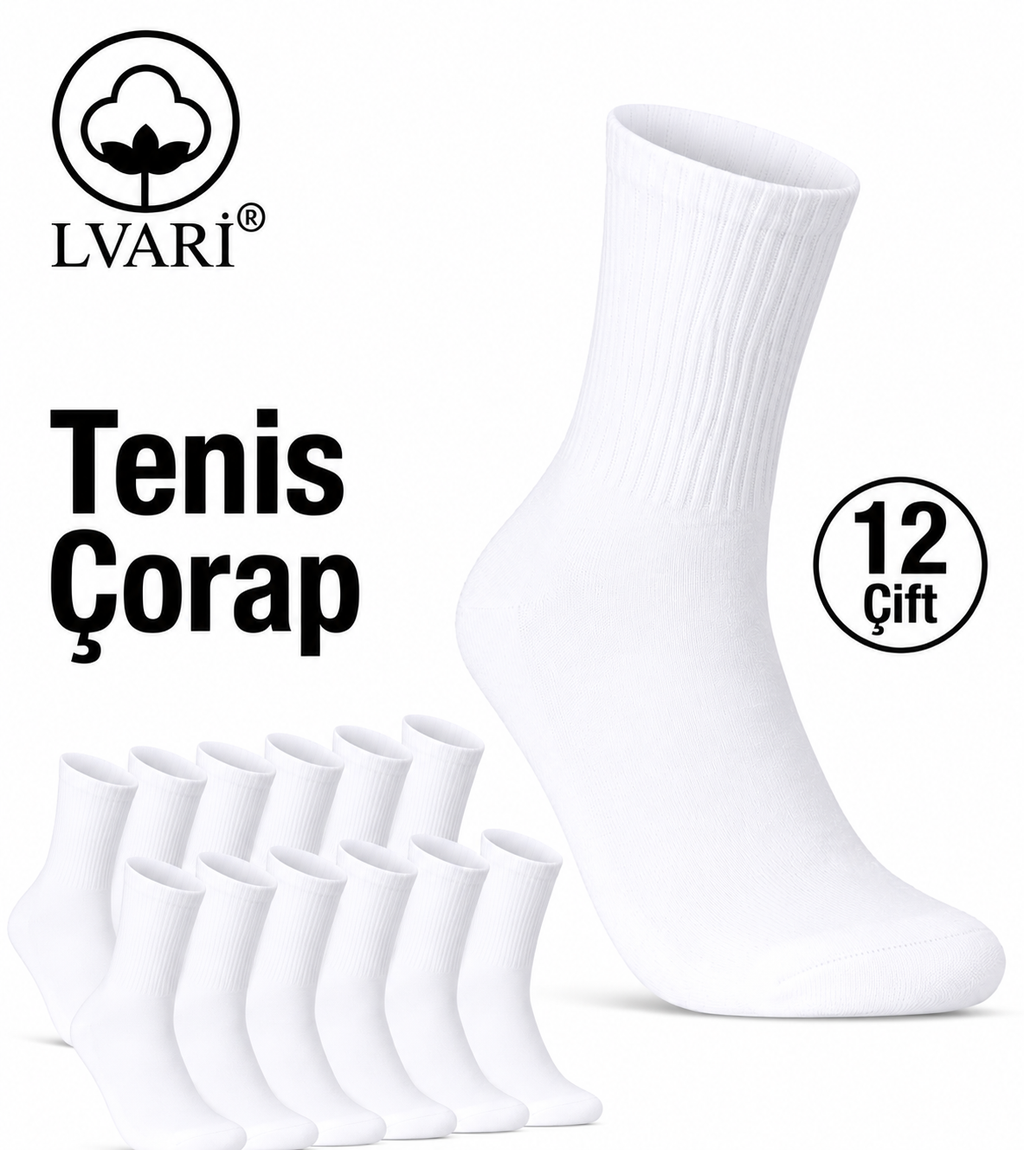 Unisex 12 Çift Pamuklu Beyaz Tenis Model Spor Çorabı