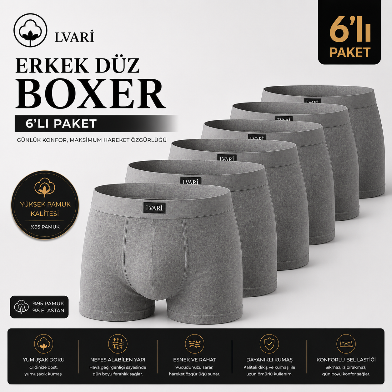 Pamuklu Likralı 6'lı Erkek Boxer