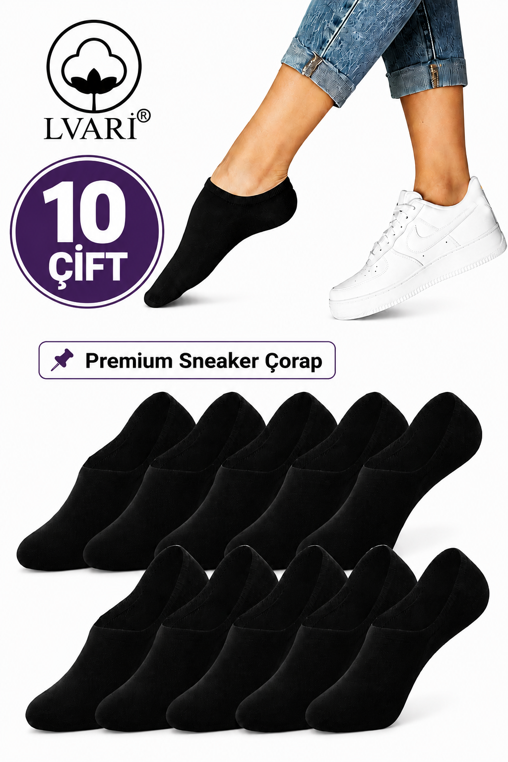 10 Çift Unisex Pamuklu Görünmez Sneaker Patik Çorap - Kaymaz Topuk Terletmeyen Günlük Kullanım