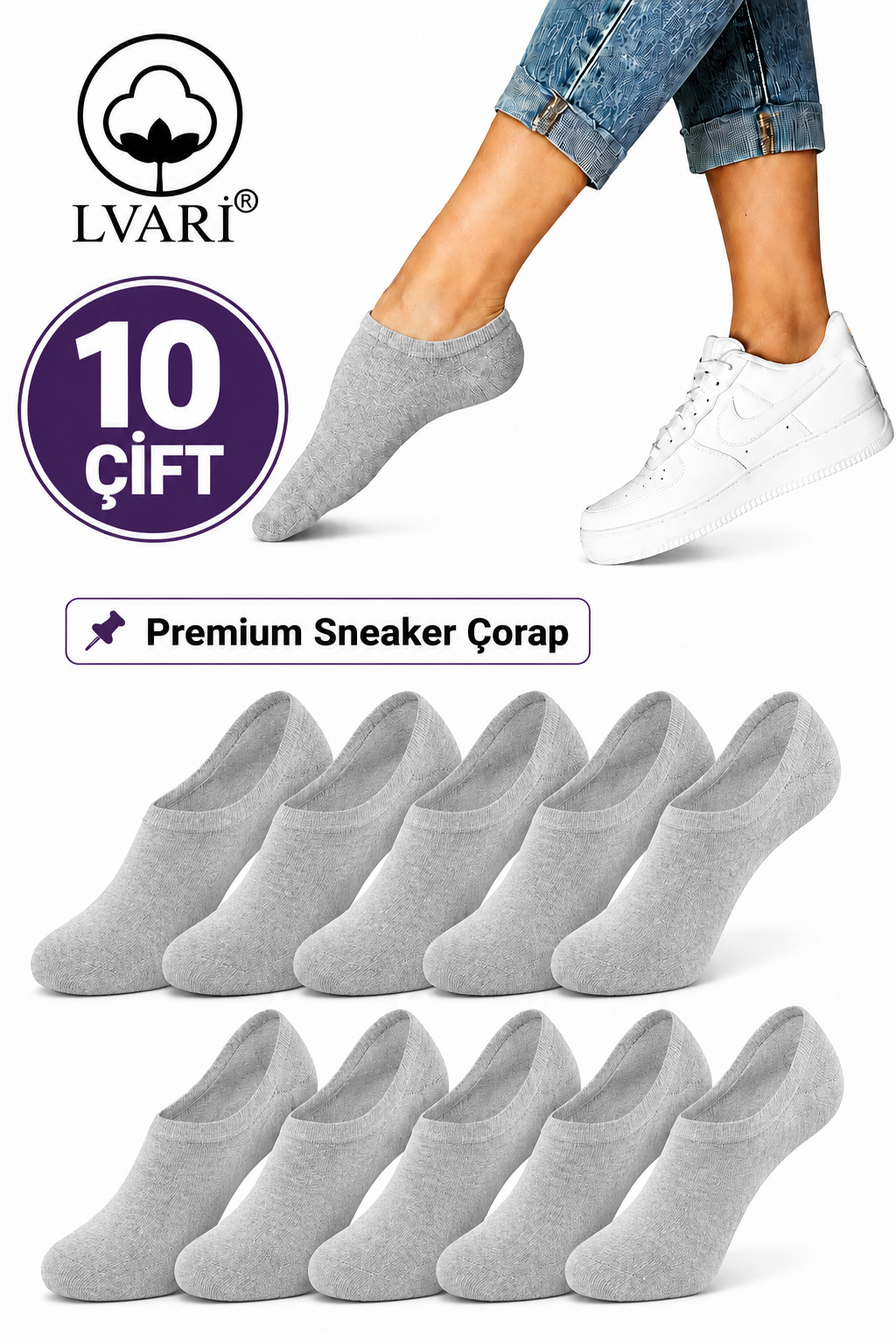 10 Çift Unisex Pamuklu Görünmez Sneaker Patik Çorap - Kaymaz Topuk Terletmeyen Günlük Kullanım