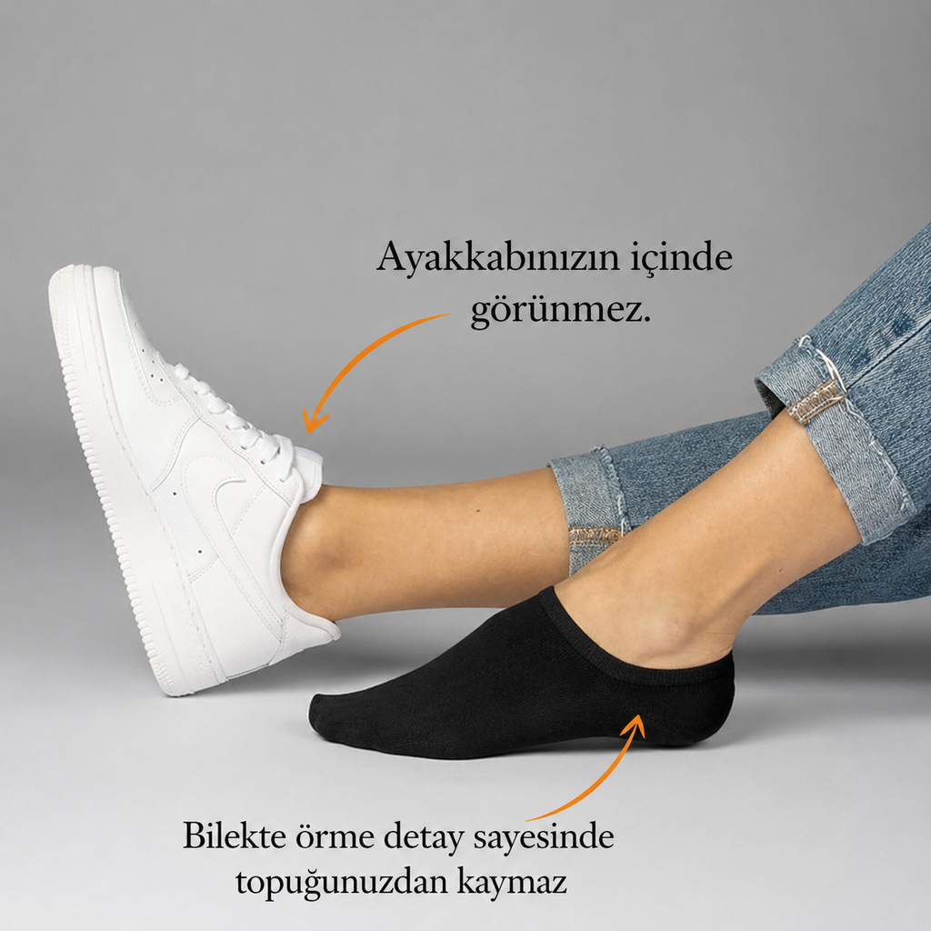 10 Çift Unisex Pamuklu Görünmez Sneaker Patik Çorap - Kaymaz Topuk Terletmeyen Günlük Kullanım