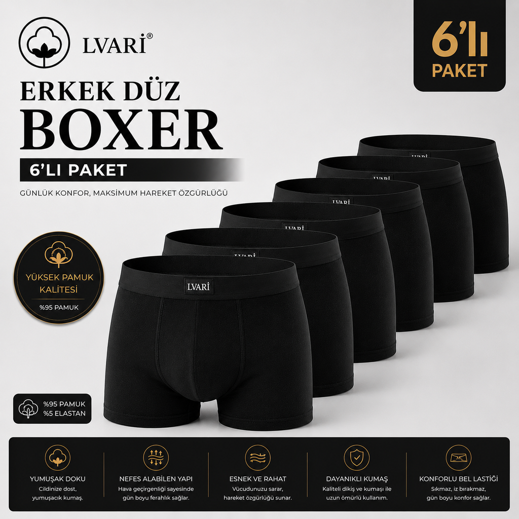 Pamuklu Likralı 6'lı Erkek Boxer