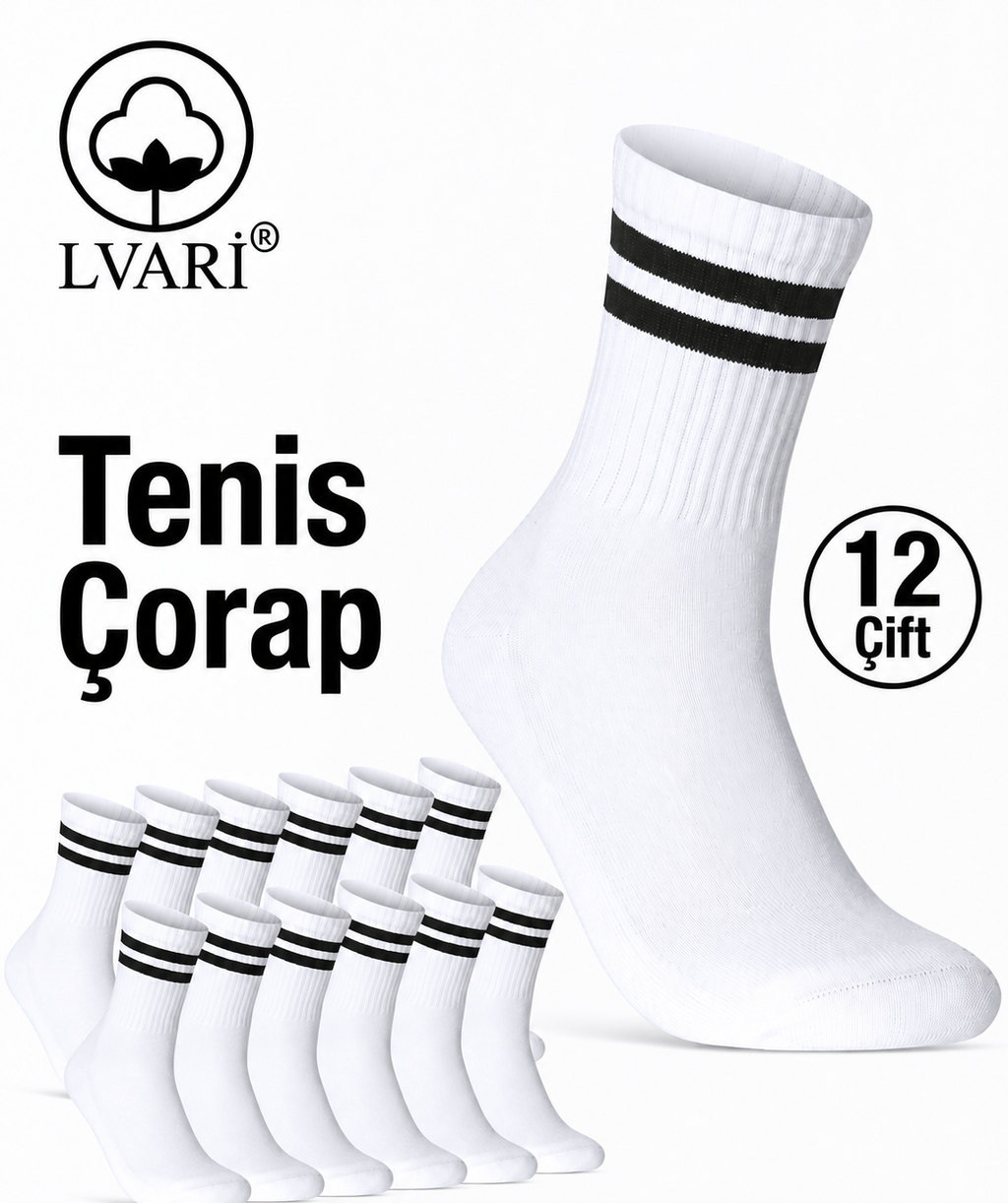 Unisex 12 Çift Pamuklu Beyaz Tenis Model Spor Çorabı